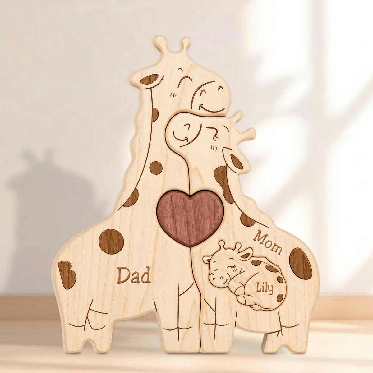 Puzzle familial personnalisé en bois – Famille de girafes