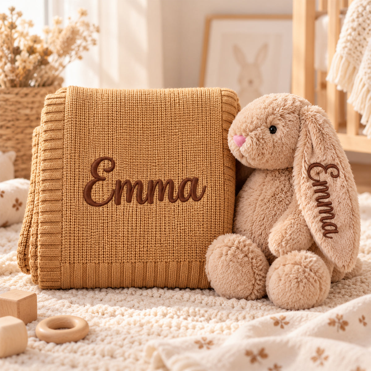 Ensemble couverture et peluche lapin personnalisée pour bébé – Couverture pour bébé avec prénom brodé et motif lapin, cadeau souvenir pour nouveau-né