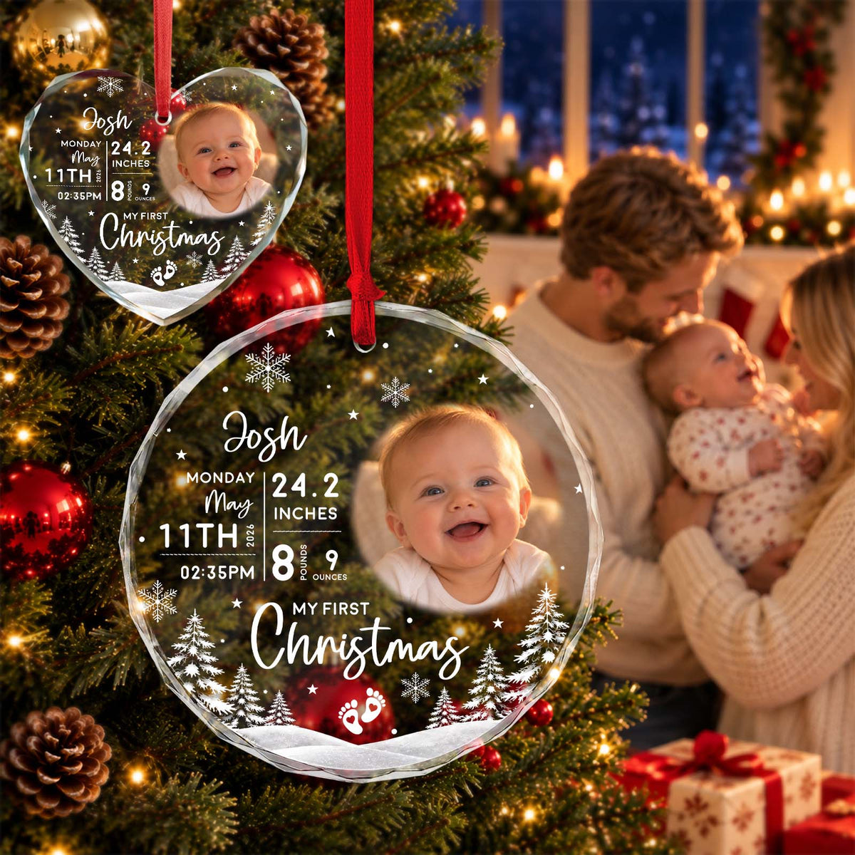 Personalized Baby First Christmas Ornament – Custom Baby Photo & Birth Details LED Keepsake Gift