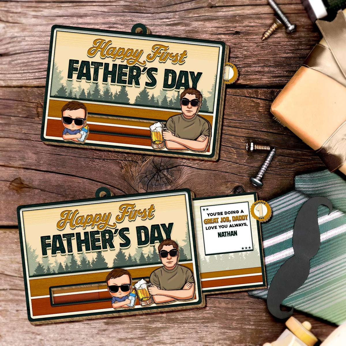 Father - Happy First Father's Day - Personalized Wooden Slider Card