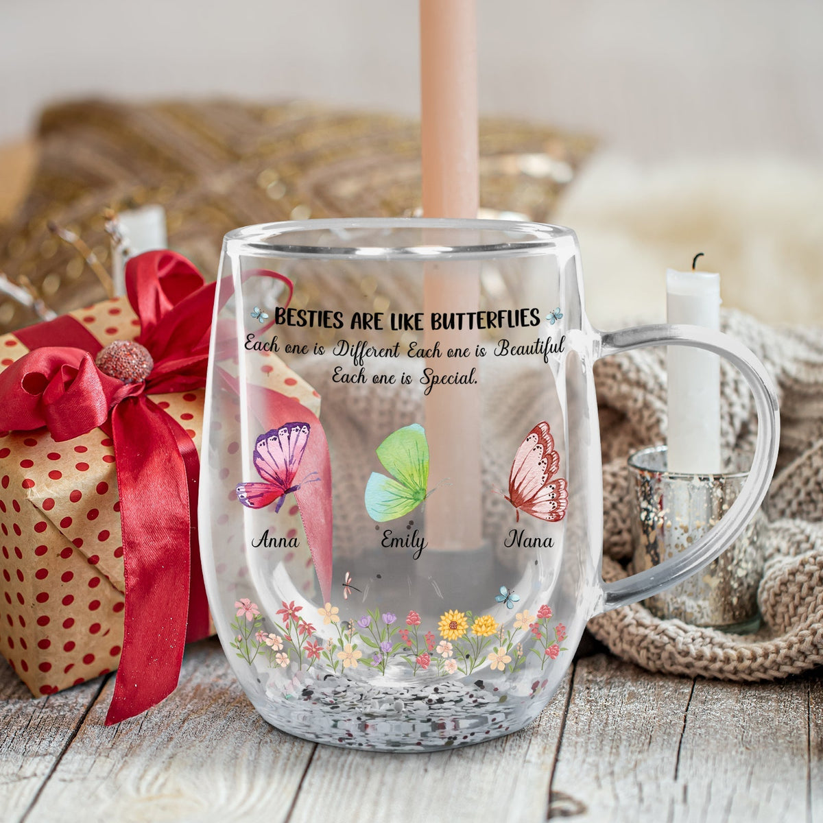 Besties - Sisters Are Like Butterflies - Personalized Flower Double Walled Glass