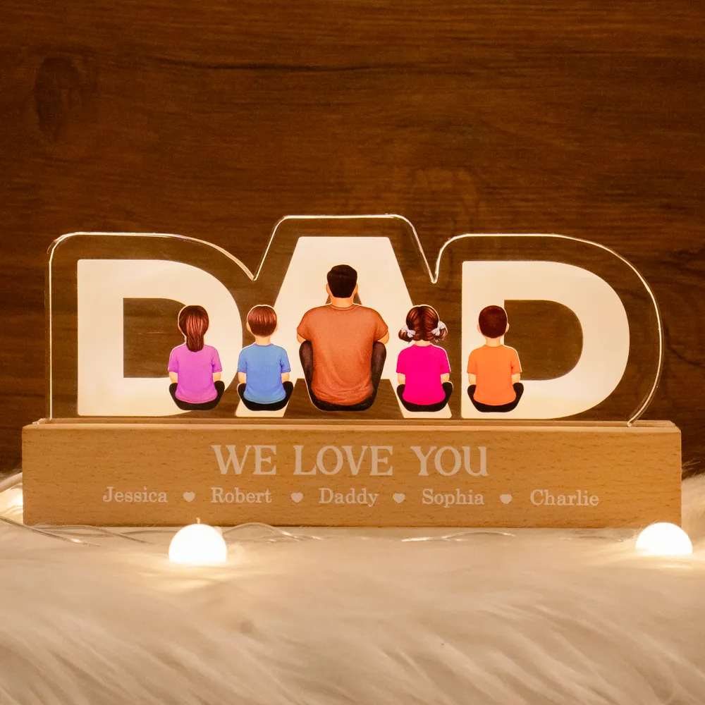 Famille - Vue de dos de la famille assise avec PAPA - Veilleuse LED en acrylique personnalisée