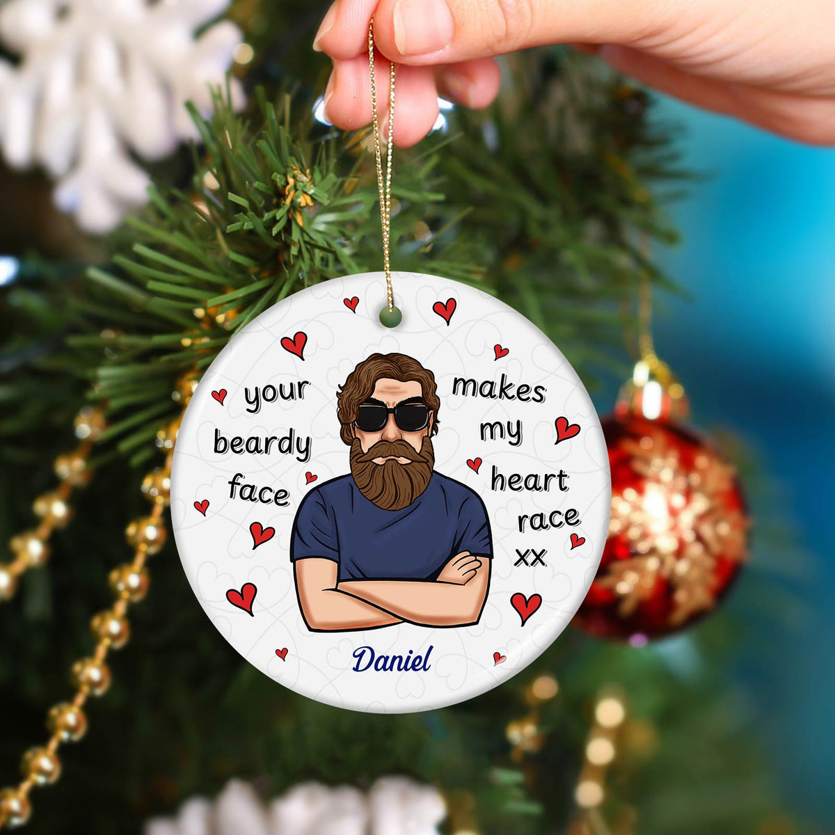 Family - Your Beardy Face Makes My Heart Race XX - Personalized Circle Ceramic Ornament