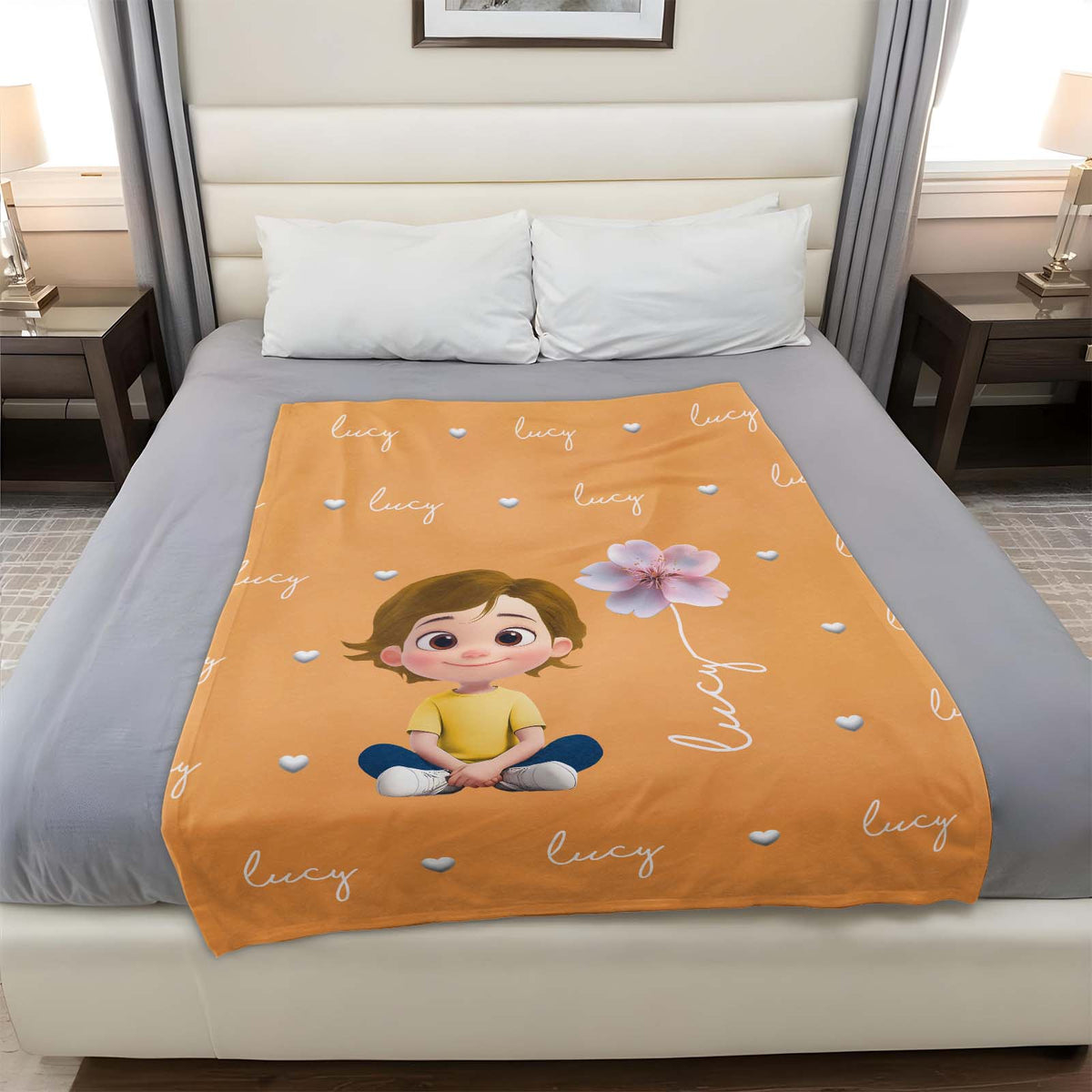 Family - Kid And Flower - Personalized Blanket