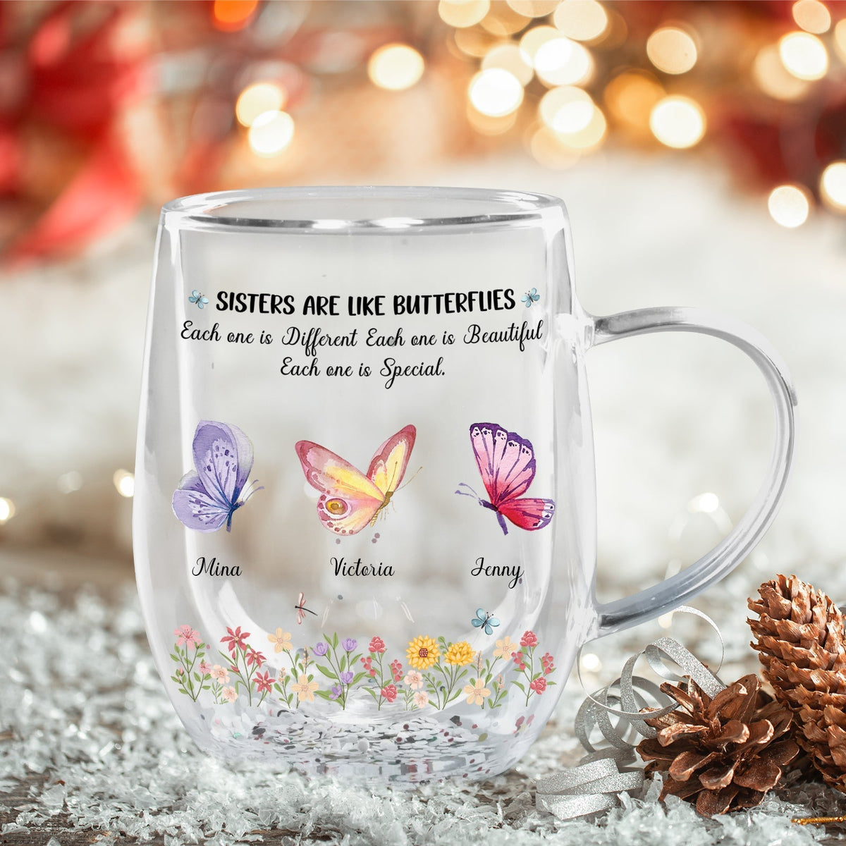 Besties - Sisters Are Like Butterflies - Personalized Flower Double Walled Glass