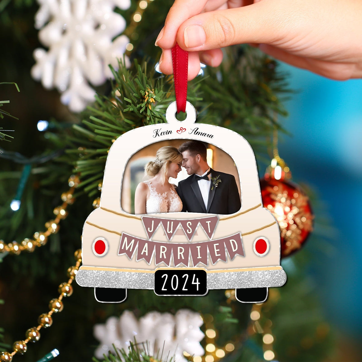 Couple - Just Married 2024 - Personalized Photo Acrylic Ornament