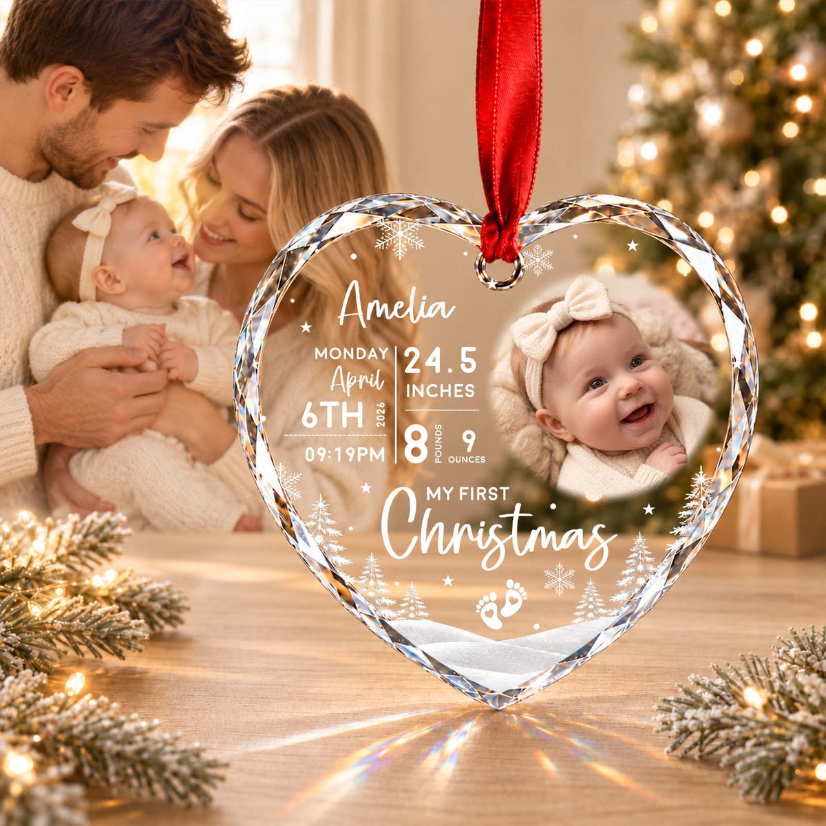 Personalized Baby First Christmas Ornament – Custom Baby Photo & Birth Details LED Keepsake Gift