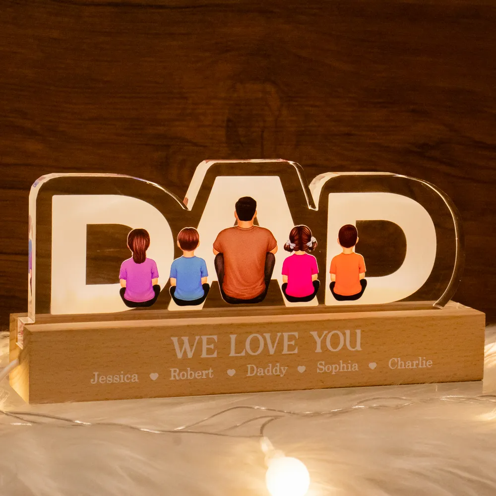 Famille - Vue de dos de la famille assise avec PAPA - Veilleuse LED en acrylique personnalisée