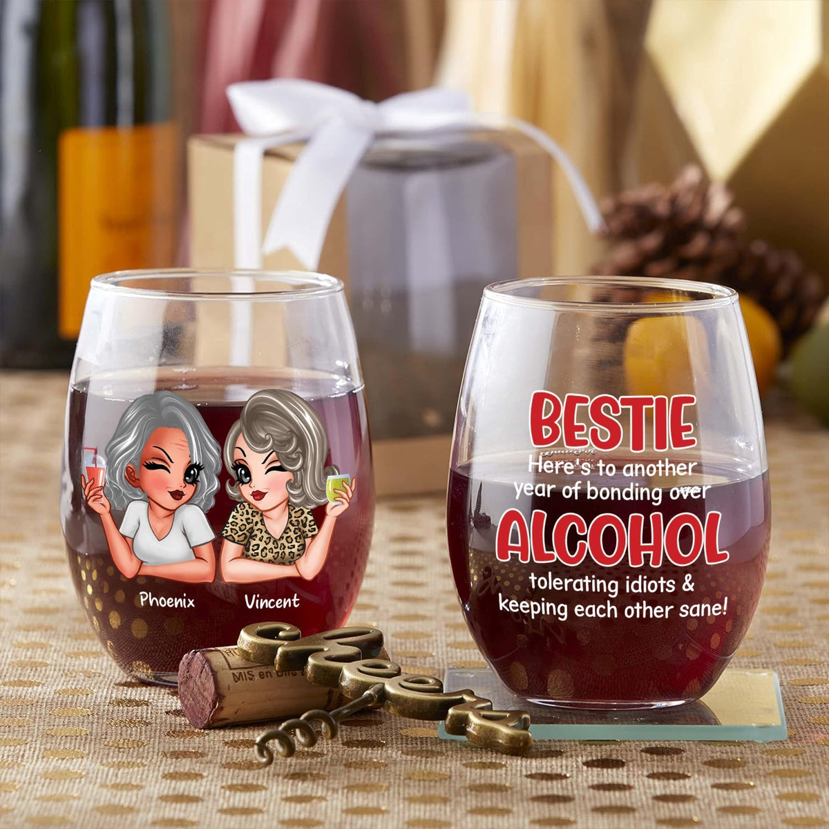 Bestie - Here's To Another Year Of Bonding Over Alcohol - Personalized Wine Glass