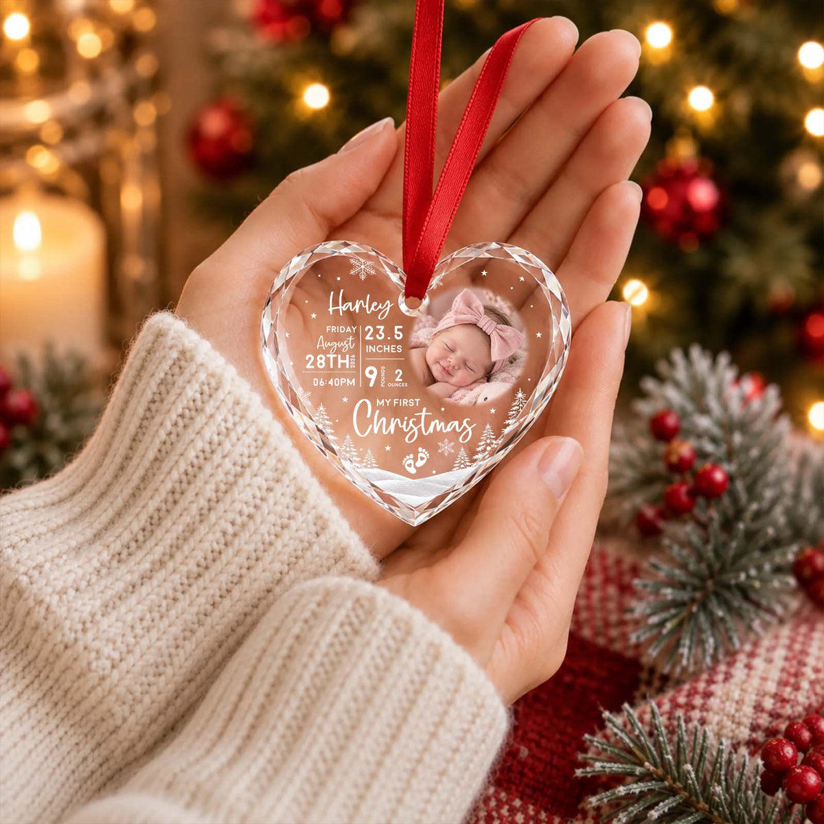 Personalized Baby First Christmas Ornament – Custom Baby Photo & Birth Details LED Keepsake Gift