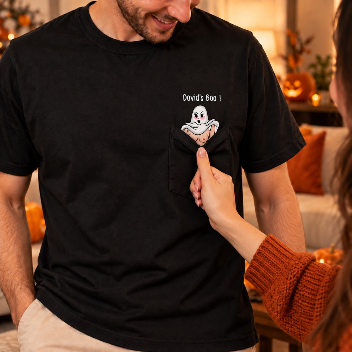 T-shirt d'Halloween personnalisé, t-shirt drôle avec fantôme à la poche rétractable