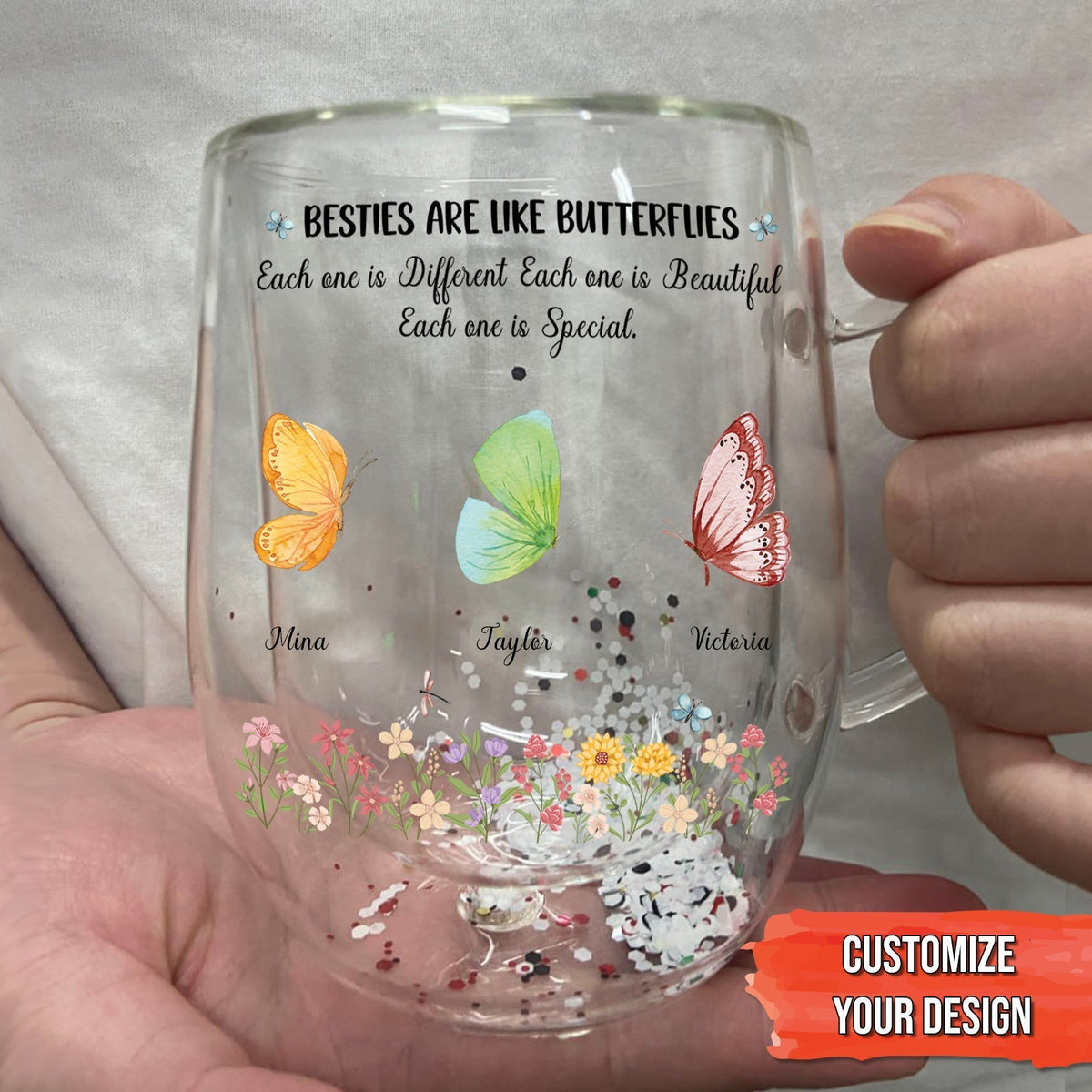 Besties - Sisters Are Like Butterflies - Personalized Flower Double Walled Glass
