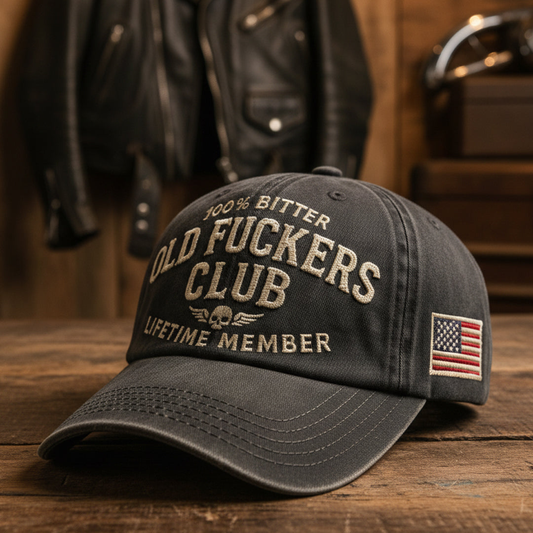 Vintage Washed Black 'Old Fuckers Club' Embroidered Baseball Cap