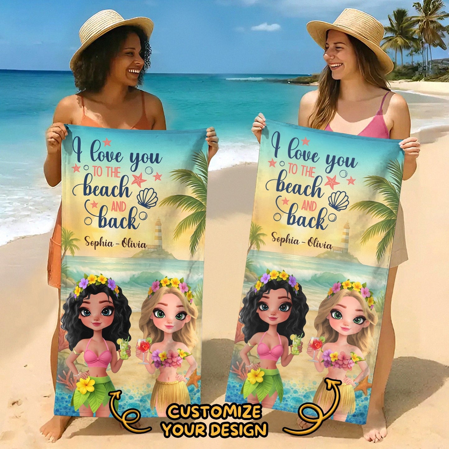 Two women on a sunny beach holding a Personalized Beach Towel with custom names and playful mermaid design
