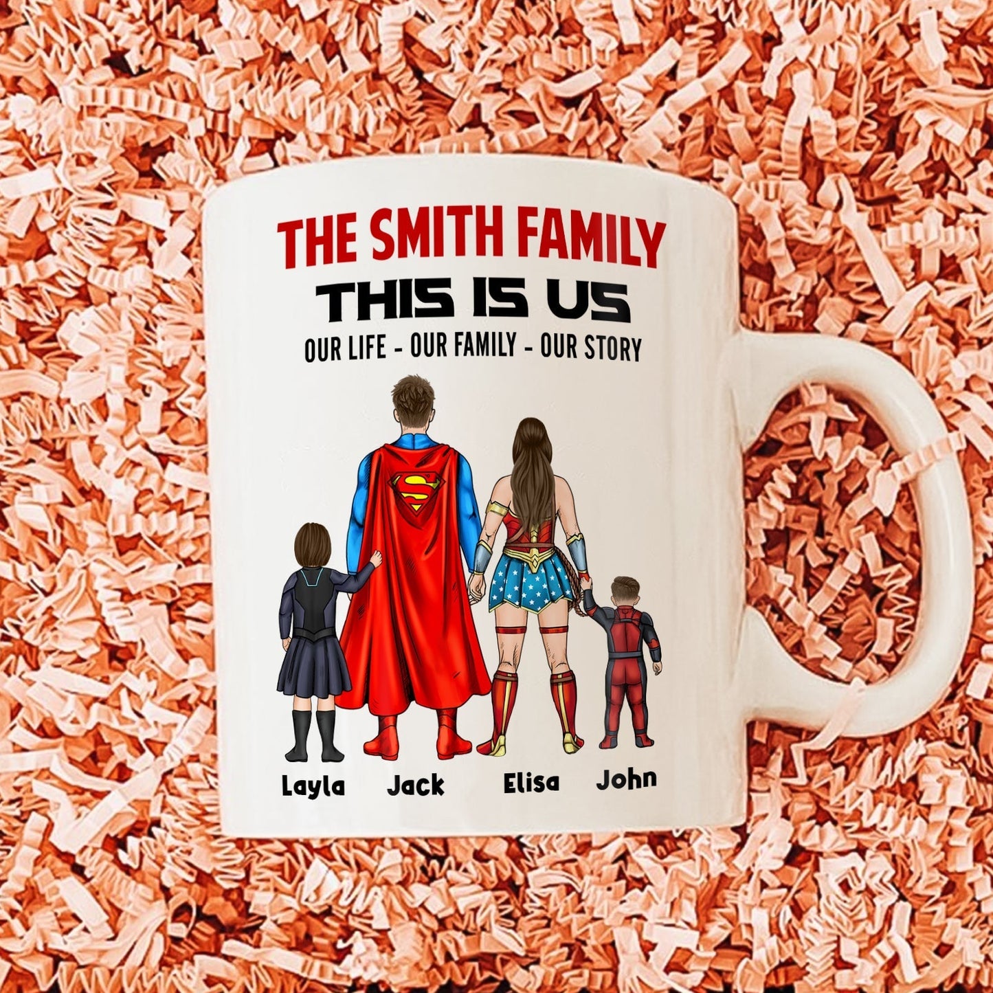 Custom this is us coffee mug with superhero family design and personalized names on white ceramic mug