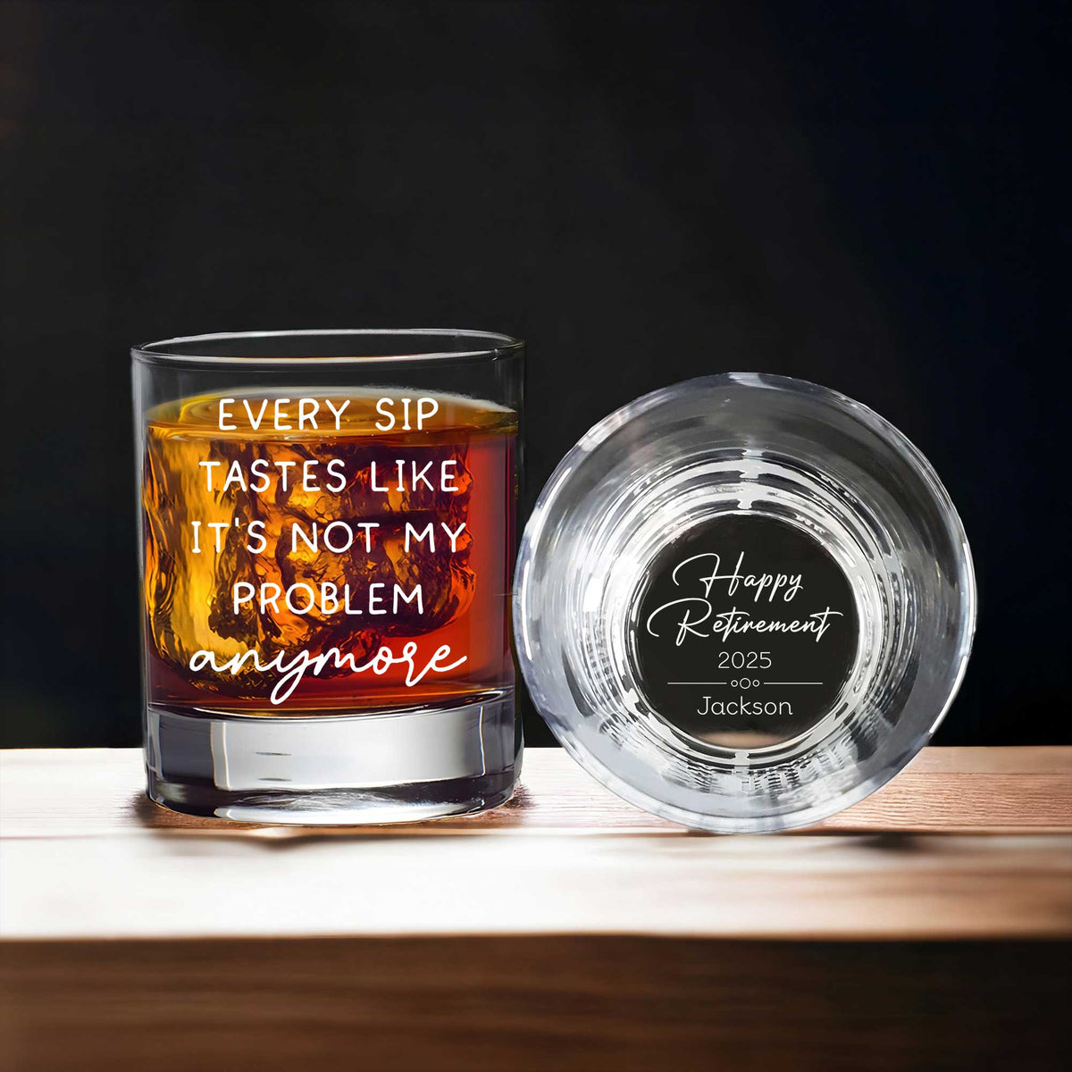 365Gifty personalized retirement whiskey glass set with engraved funny quote on filled glass and Happy Retirement bottom engraving
