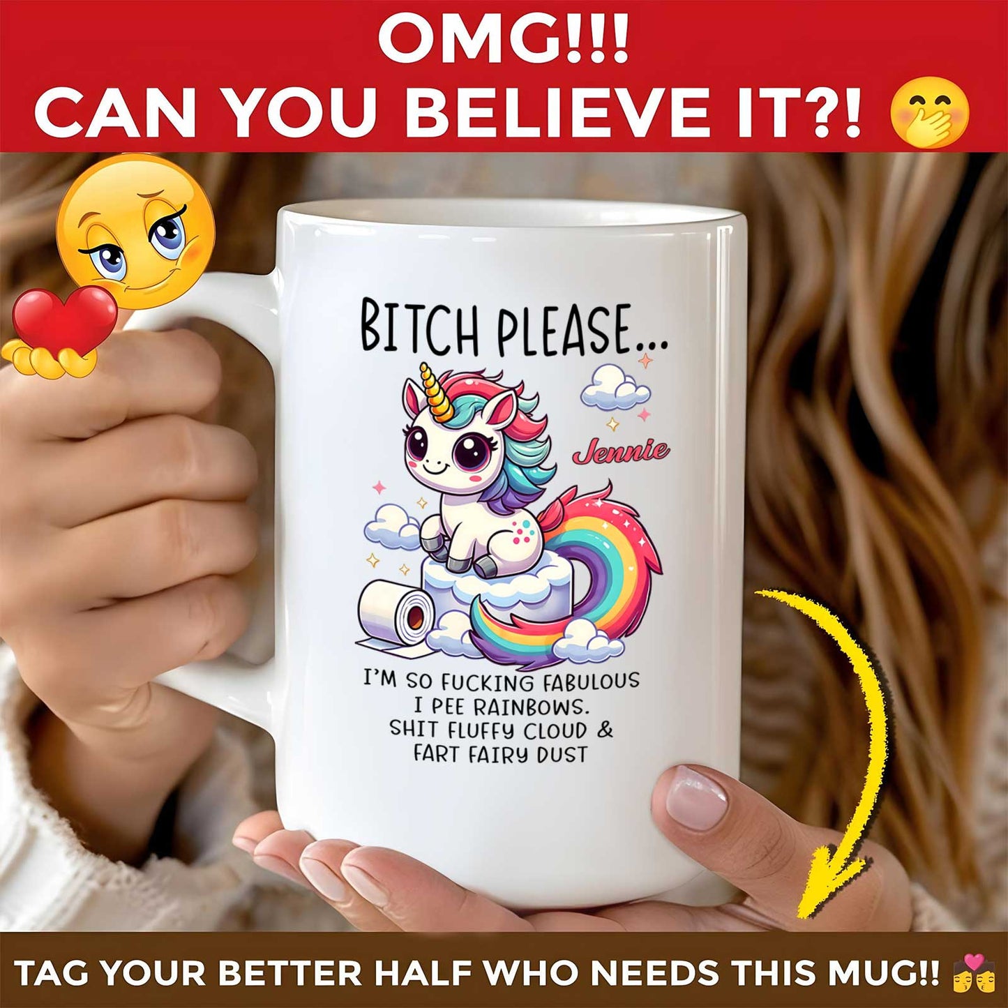 Funny bestie gift custom mug featuring a colorful unicorn and playful text about rainbows and fairy dust