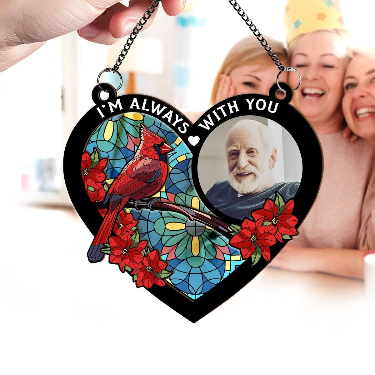 Famille - Cœur commémoratif personnalisé avec photo « Je suis toujours avec vous » - Décoration attrape-soleil personnalisée à suspendre à une fenêtre