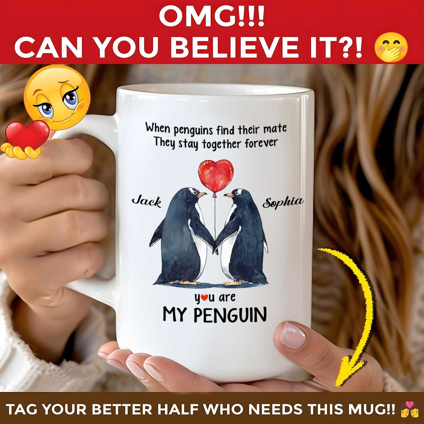 Personalized couple mug featuring penguins and heartfelt message for couples
