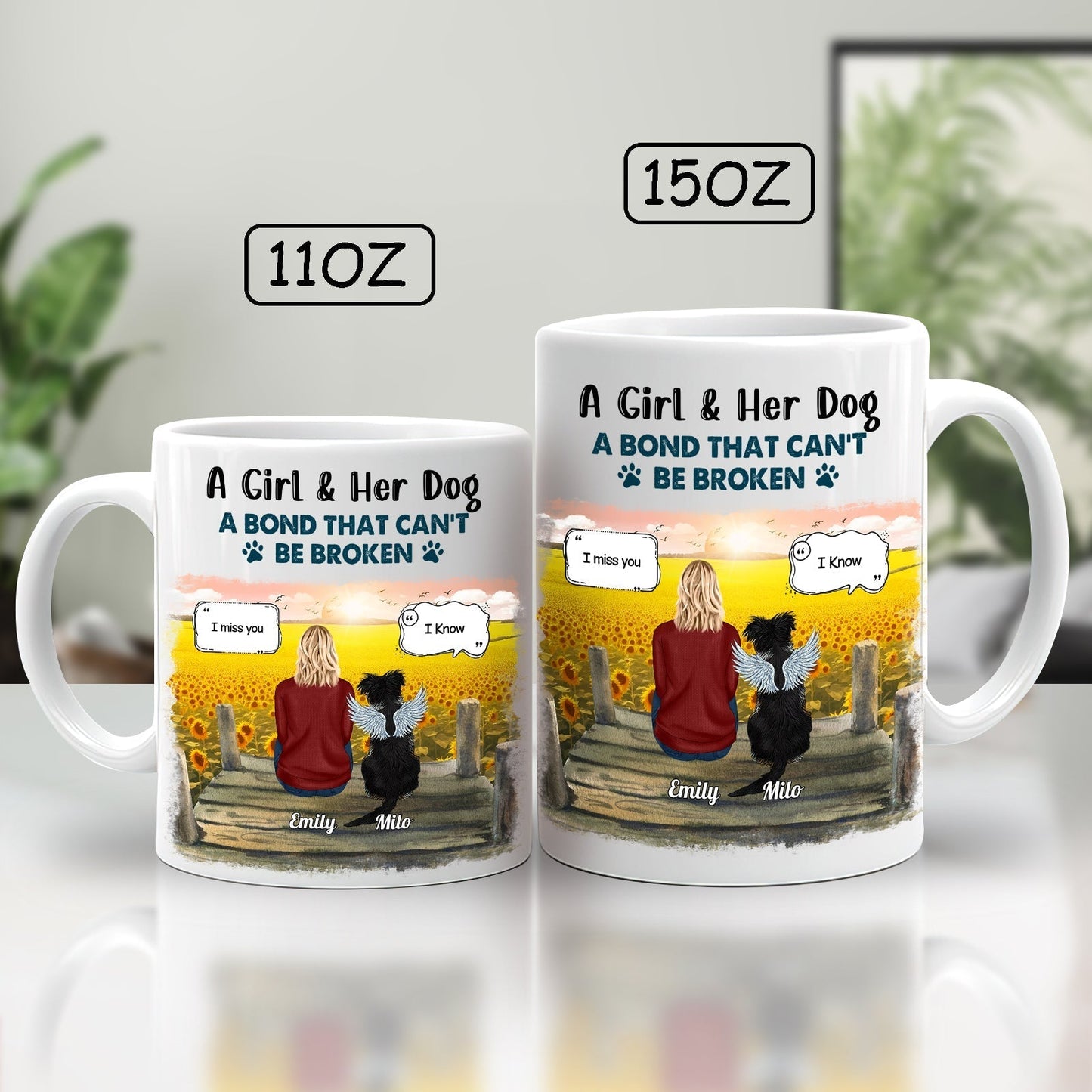 Personalized dog lover mug with a heartfelt design featuring a girl and her dog in a natural setting