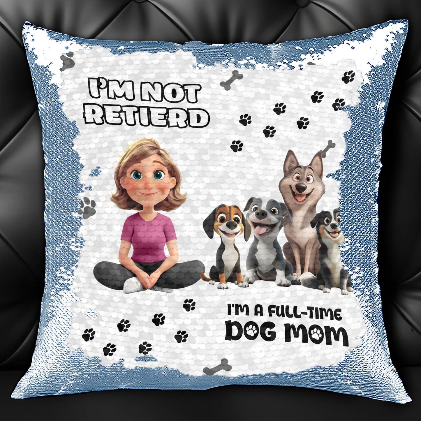 Personalized dog mom sequin pillow featuring a cartoon woman and playful dogs with paw prints