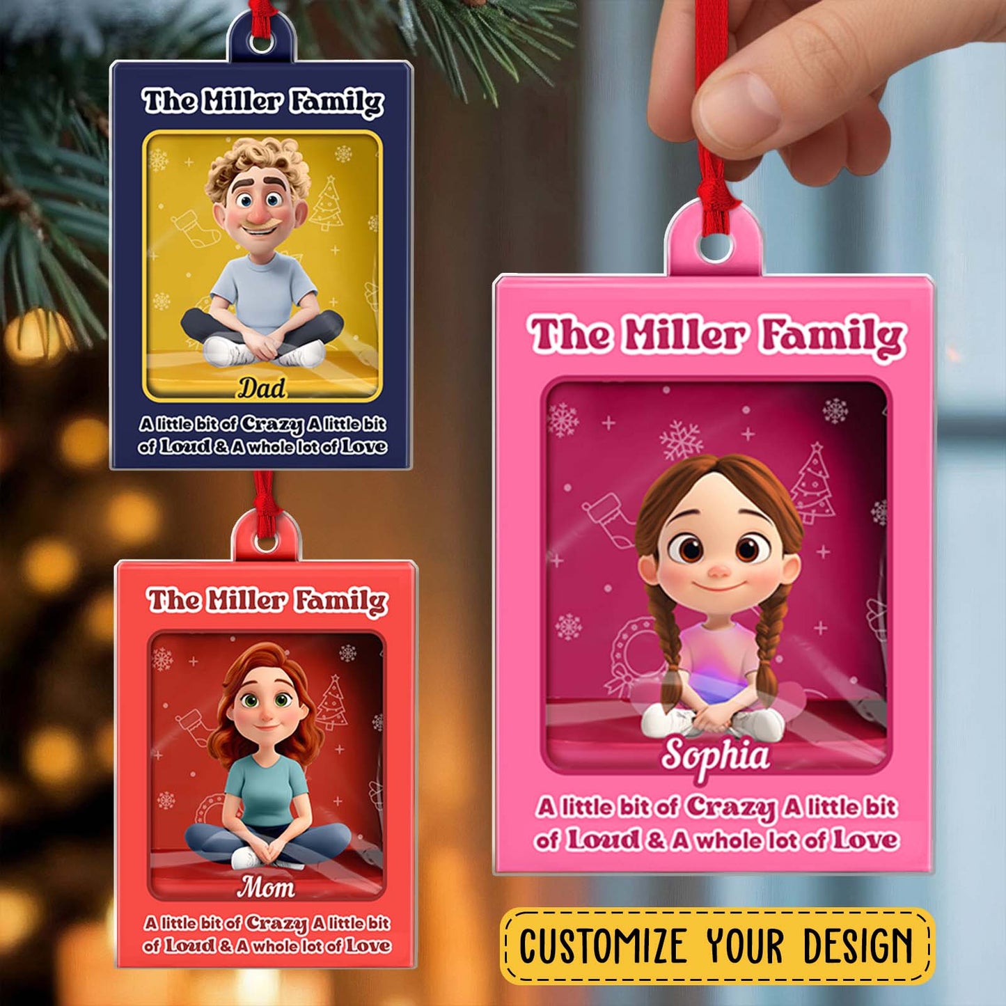 Personalized family Christmas ornament featuring cartoon characters for Mom, Dad, and Sophia