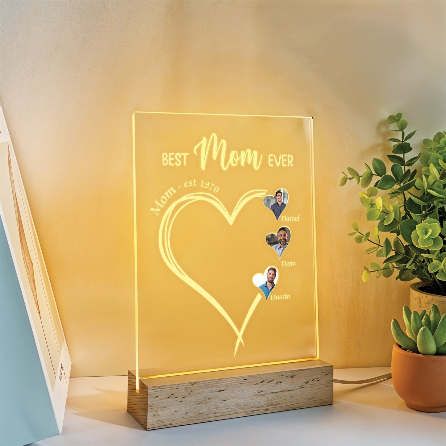 Personalized family LED night light in heart shape with custom names for Mother's Day gifts