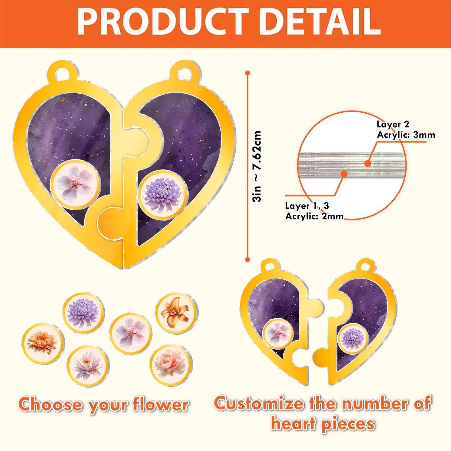 Personalized friendship keychain featuring customizable heart pieces and flower designs for a unique gift