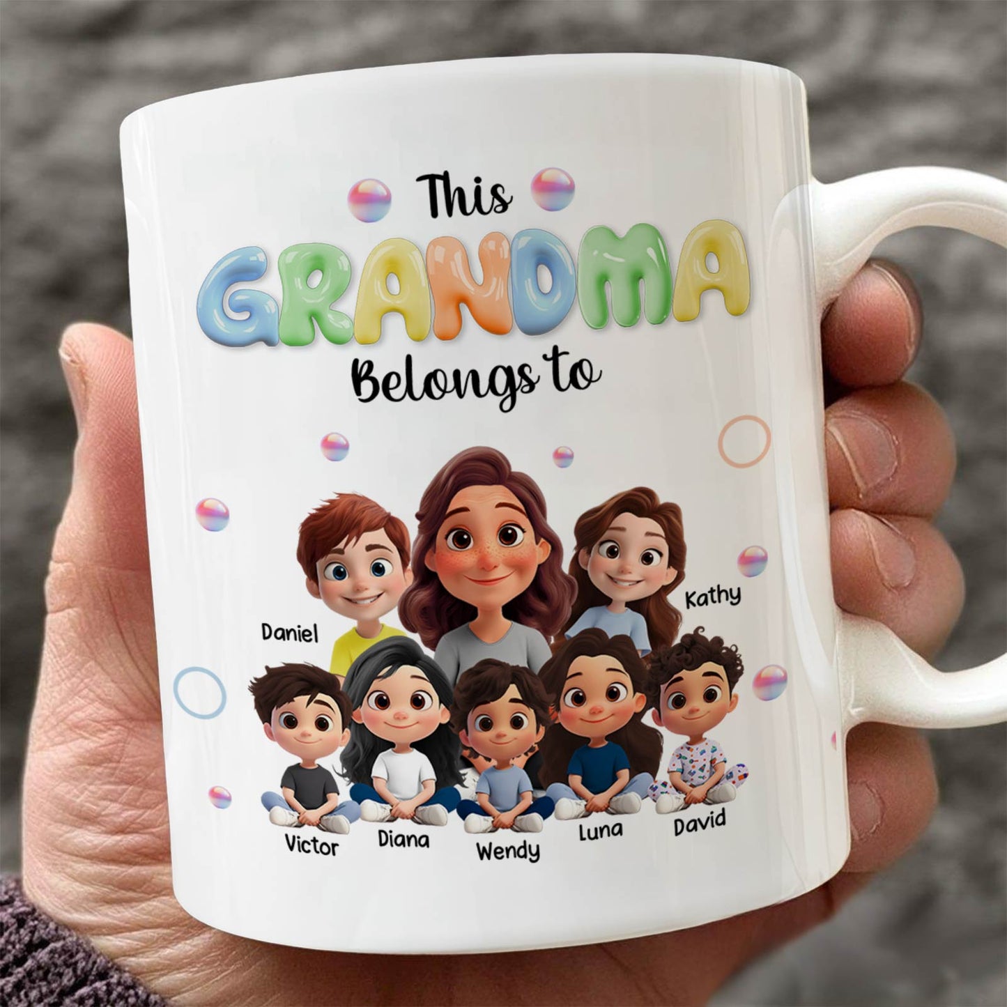 Personalized grandma mug featuring cartoon characters with names for a unique gift