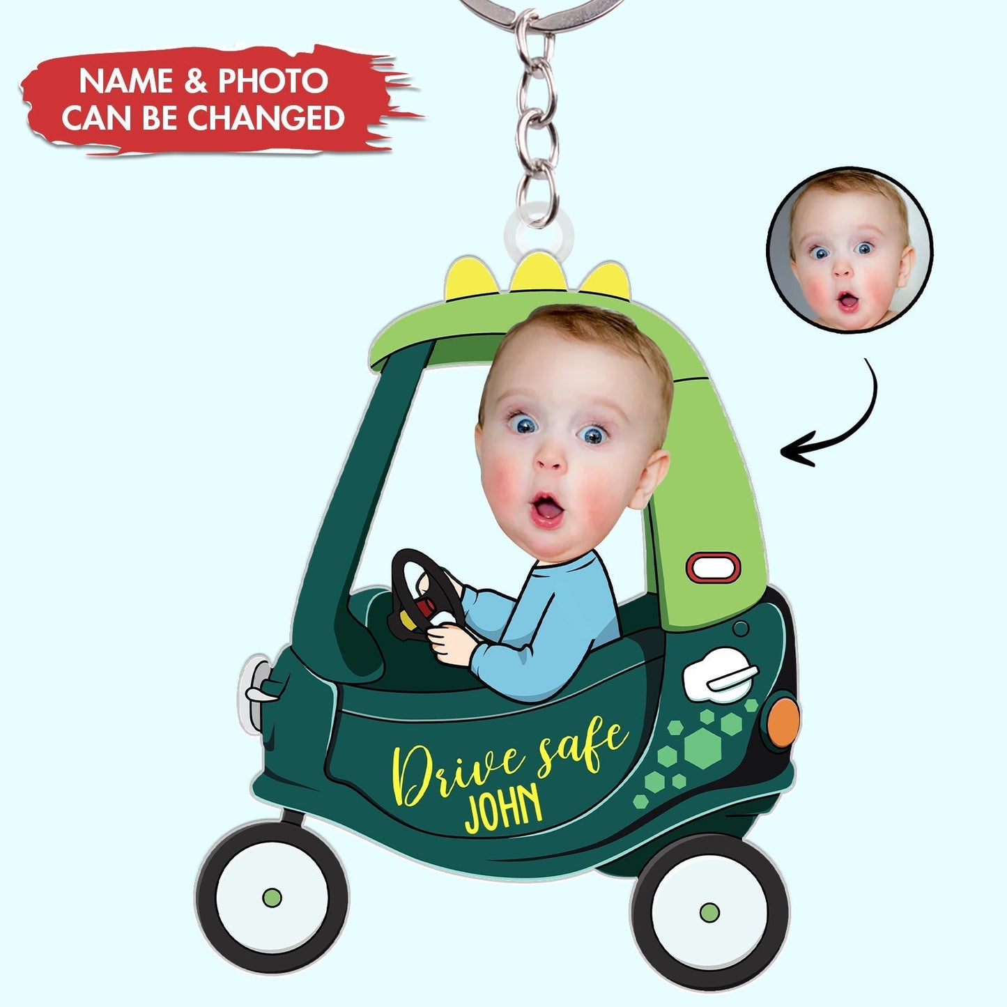 Personalized keychain gift for dad featuring a cute cartoon car design with a customizable photo