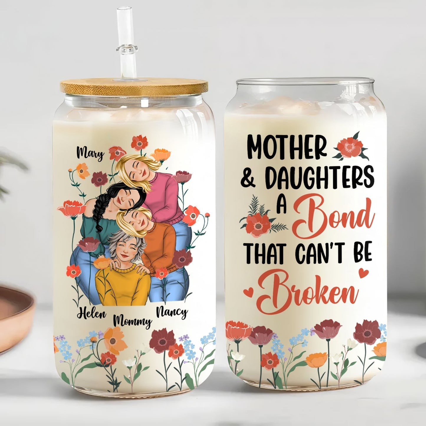 Personalized mother daughter glass can featuring floral design and sweet family illustration