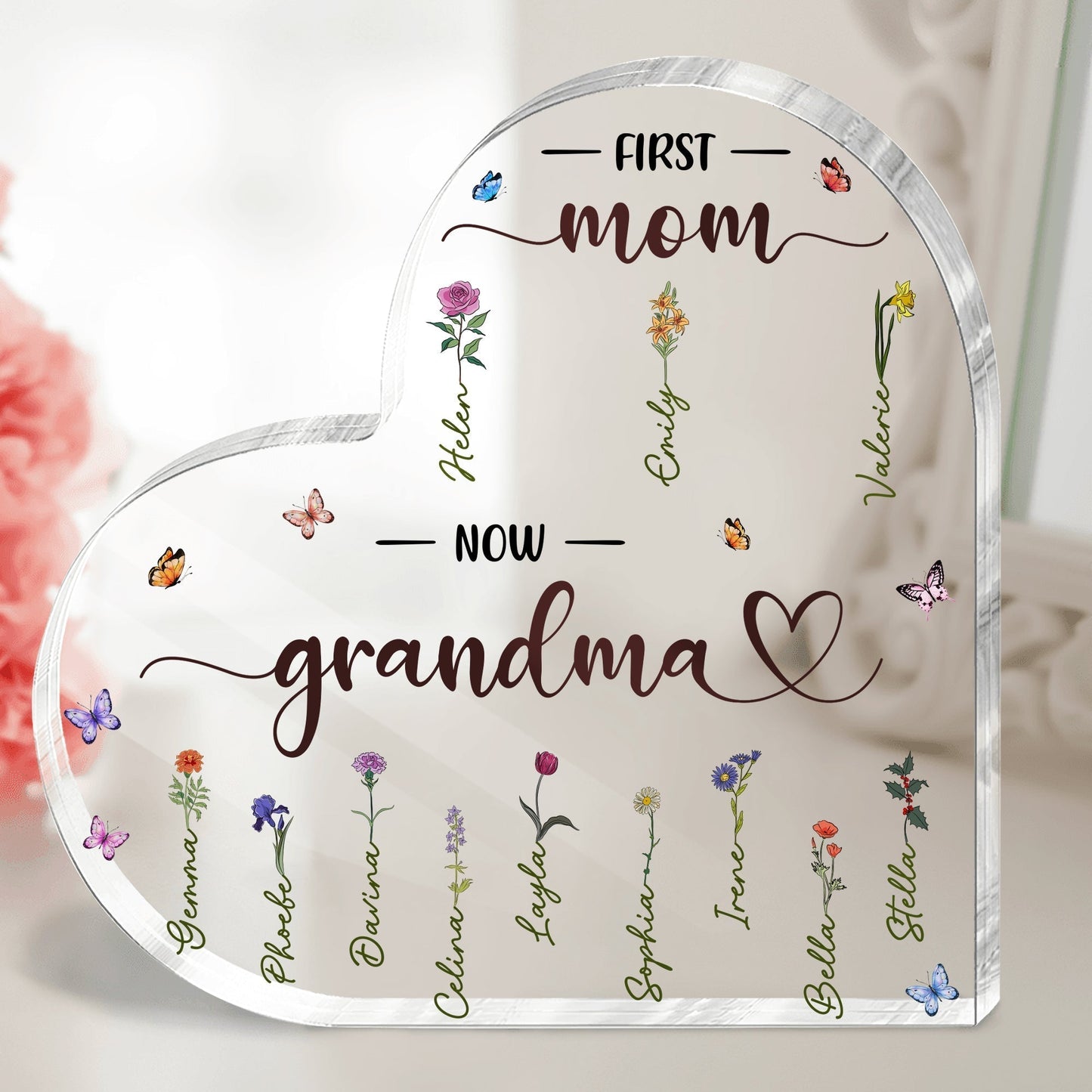 Personalized mother plaque in heart shape, featuring flowers and text First Mom Now Grandma