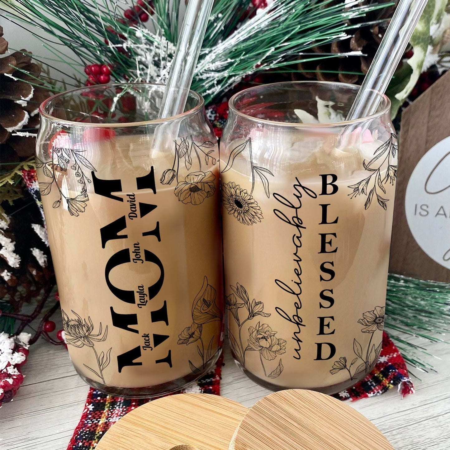 Personalized Mother's Day glass can featuring floral designs and the words Mom and Blessed