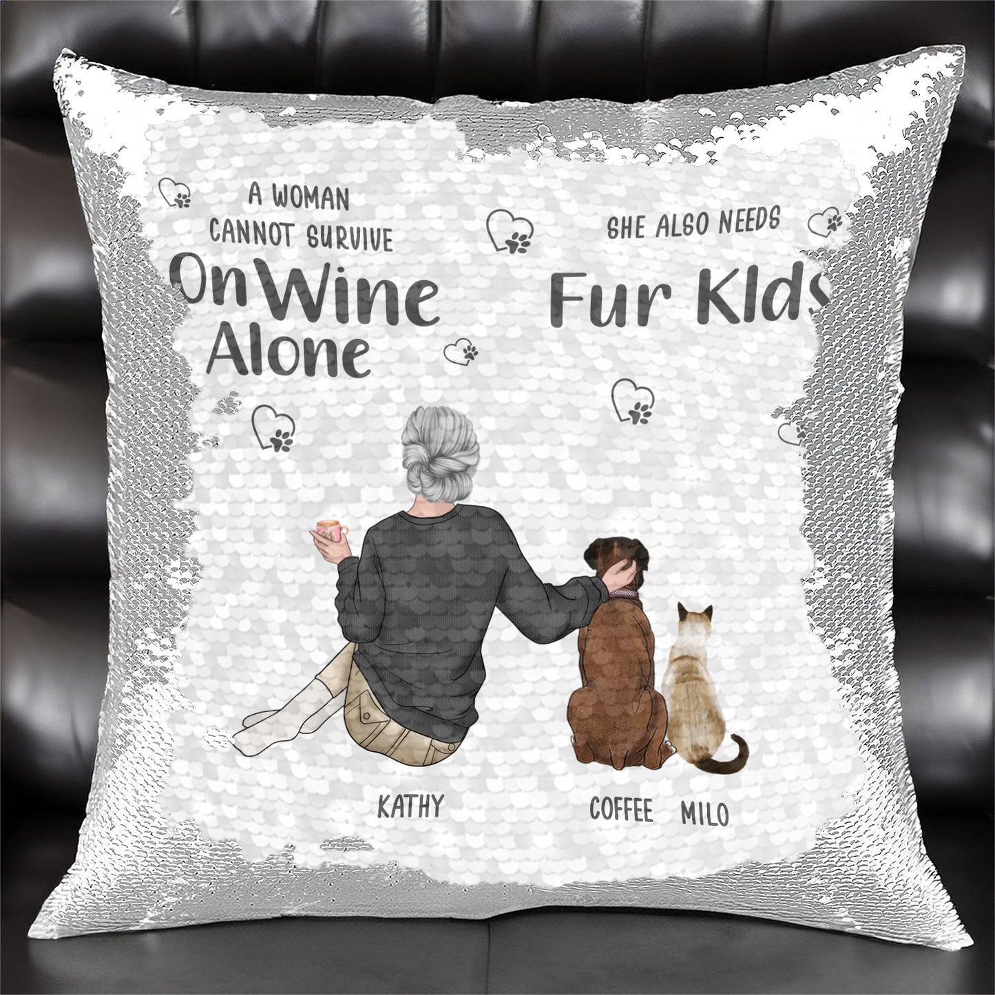 Personalized sequin pillow for pet lovers featuring a woman and her pets with a fun quote