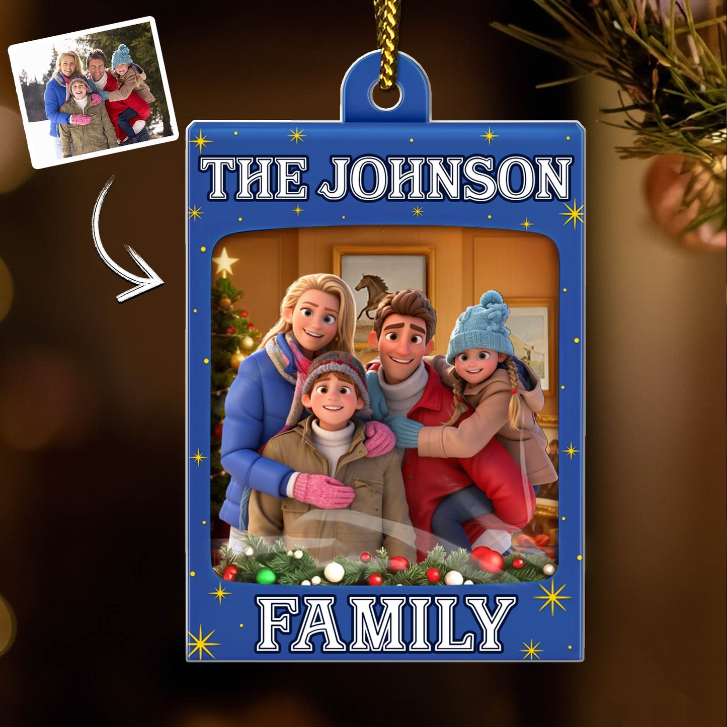 Personalized toy box ornament featuring a family photo and festive decorations for holiday cheer