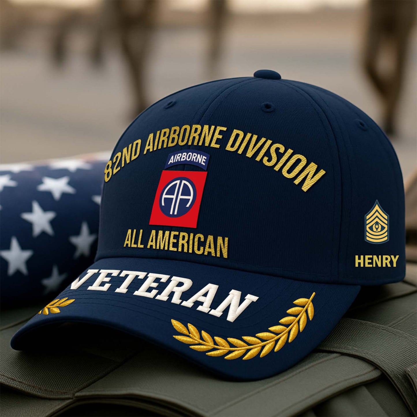 Personalized veteran cap featuring 82nd Airborne Division with gold embroidery and name detail