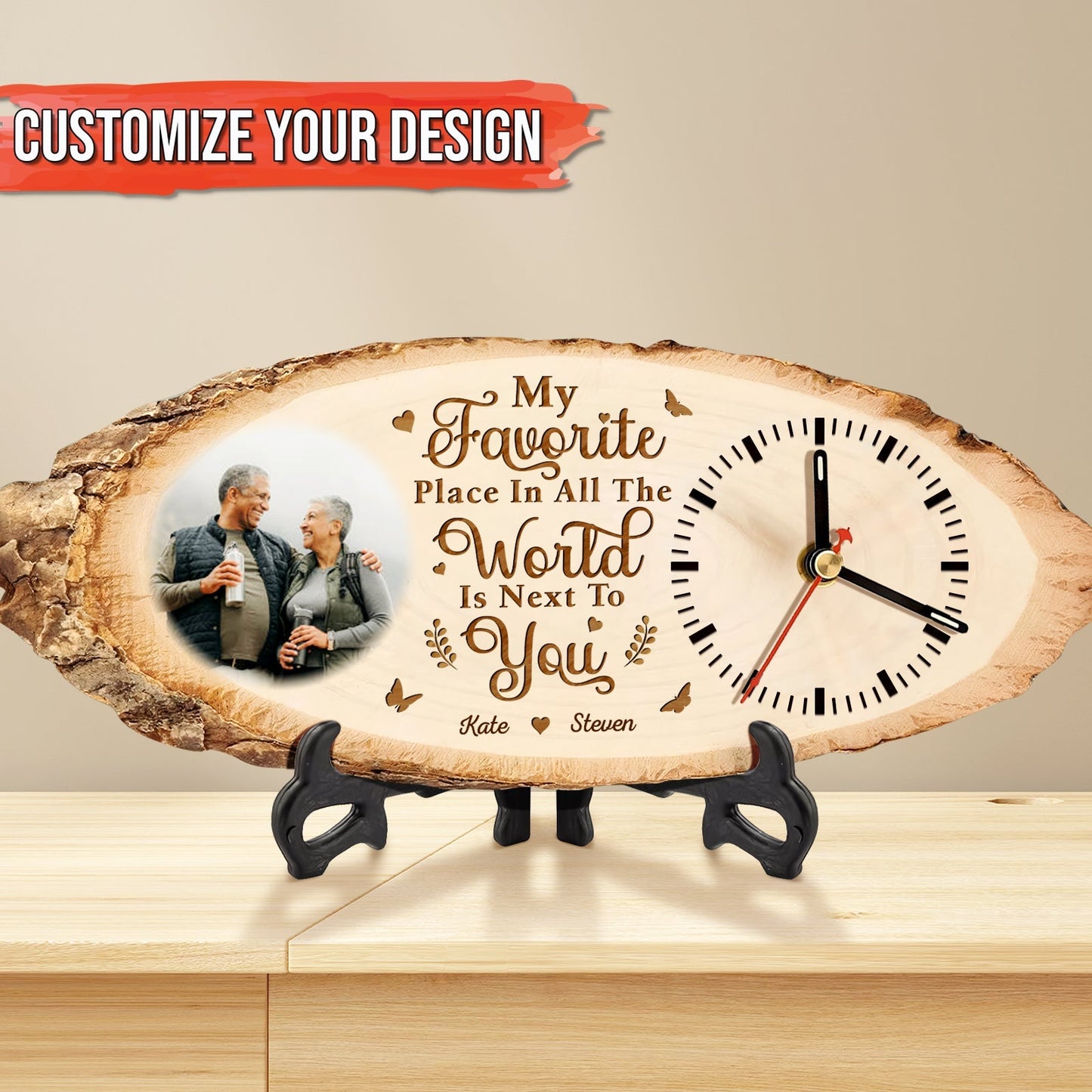 Personalized wooden couple clock with custom photo and romantic engraved message on natural wood