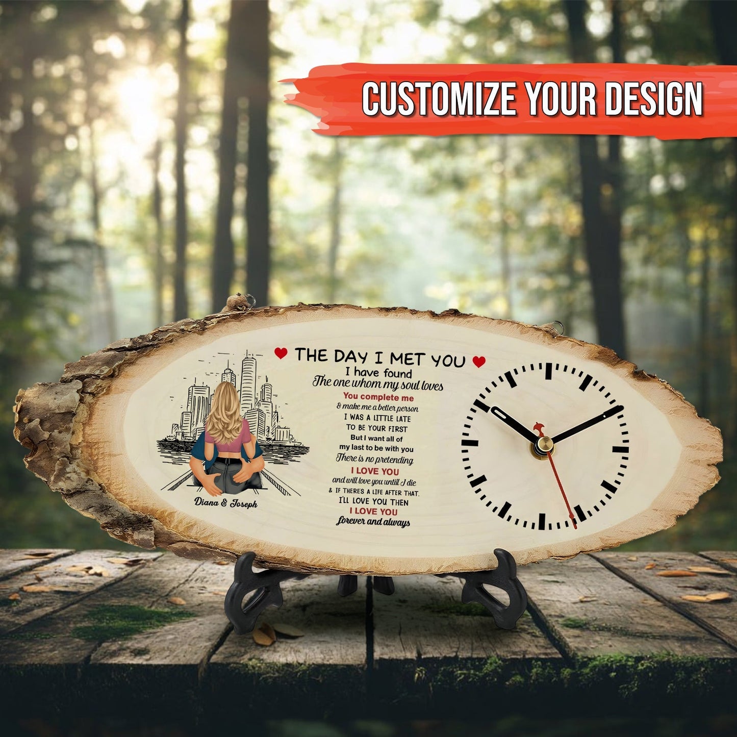 Personalized wooden couple clock with romantic poem and cityscape design on natural wood slice
