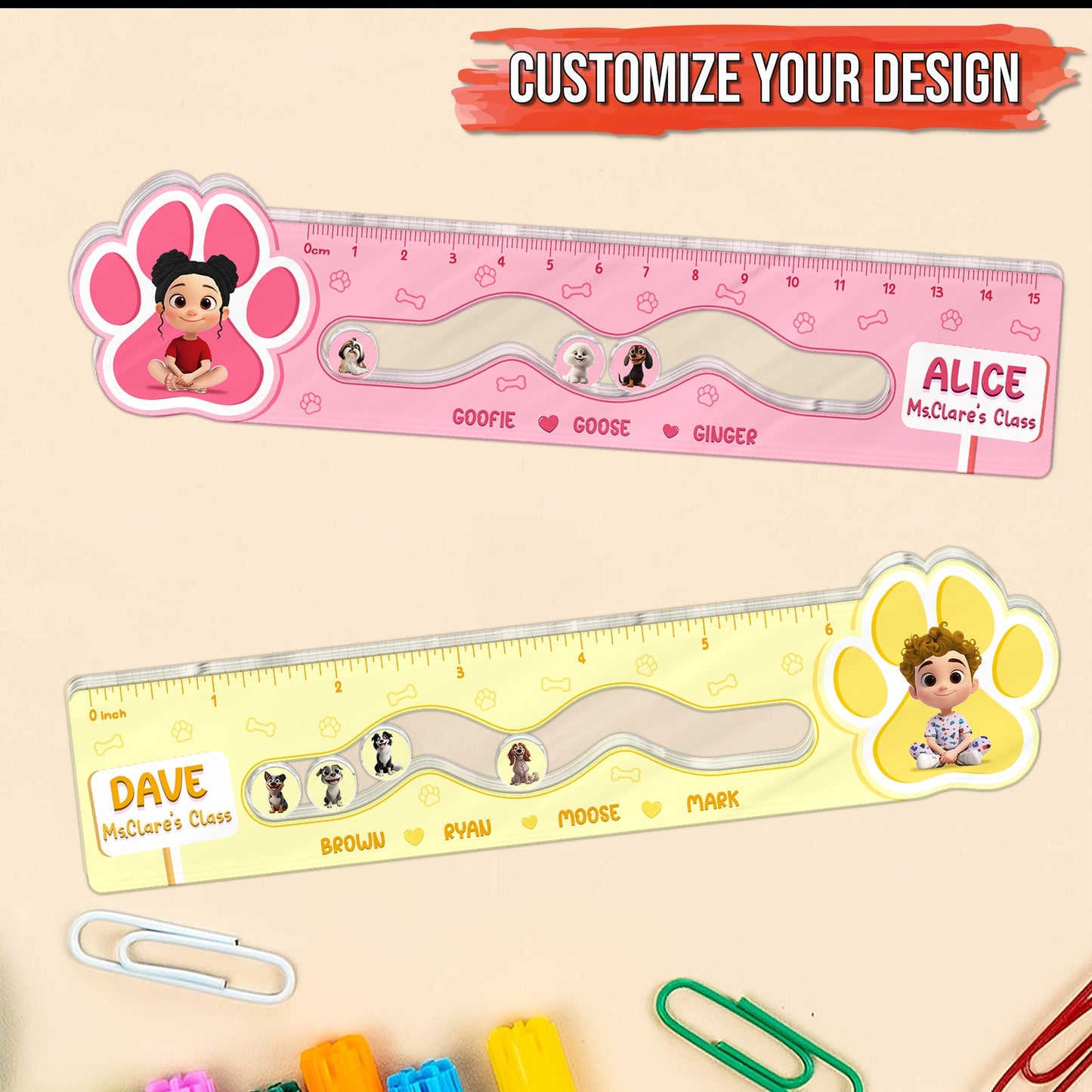 Customizable pink and yellow Shaking Ruler for Kids with playful character designs and measurement markings