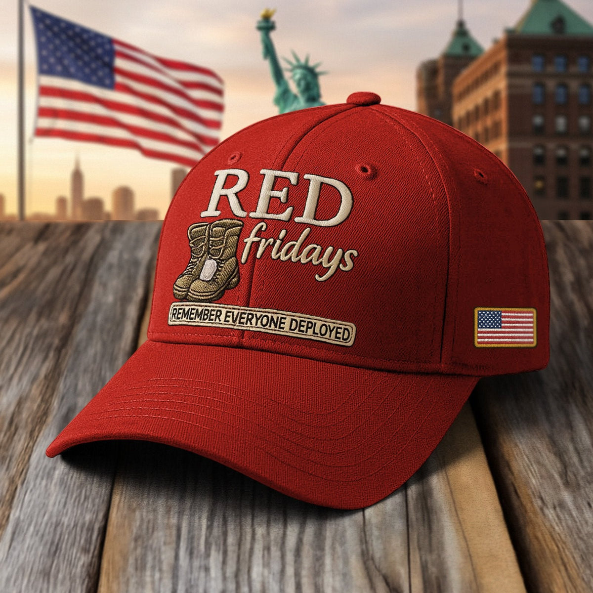 Red cap featuring 'RED Fridays' and boots, perfect for 250th Anniversary Of The Army Embroidered Cap Gifts For Army Veteran
