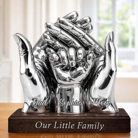 Our Little Family Acrylic Plaque – Personalized Metal Hands Gift for Mom & Dad