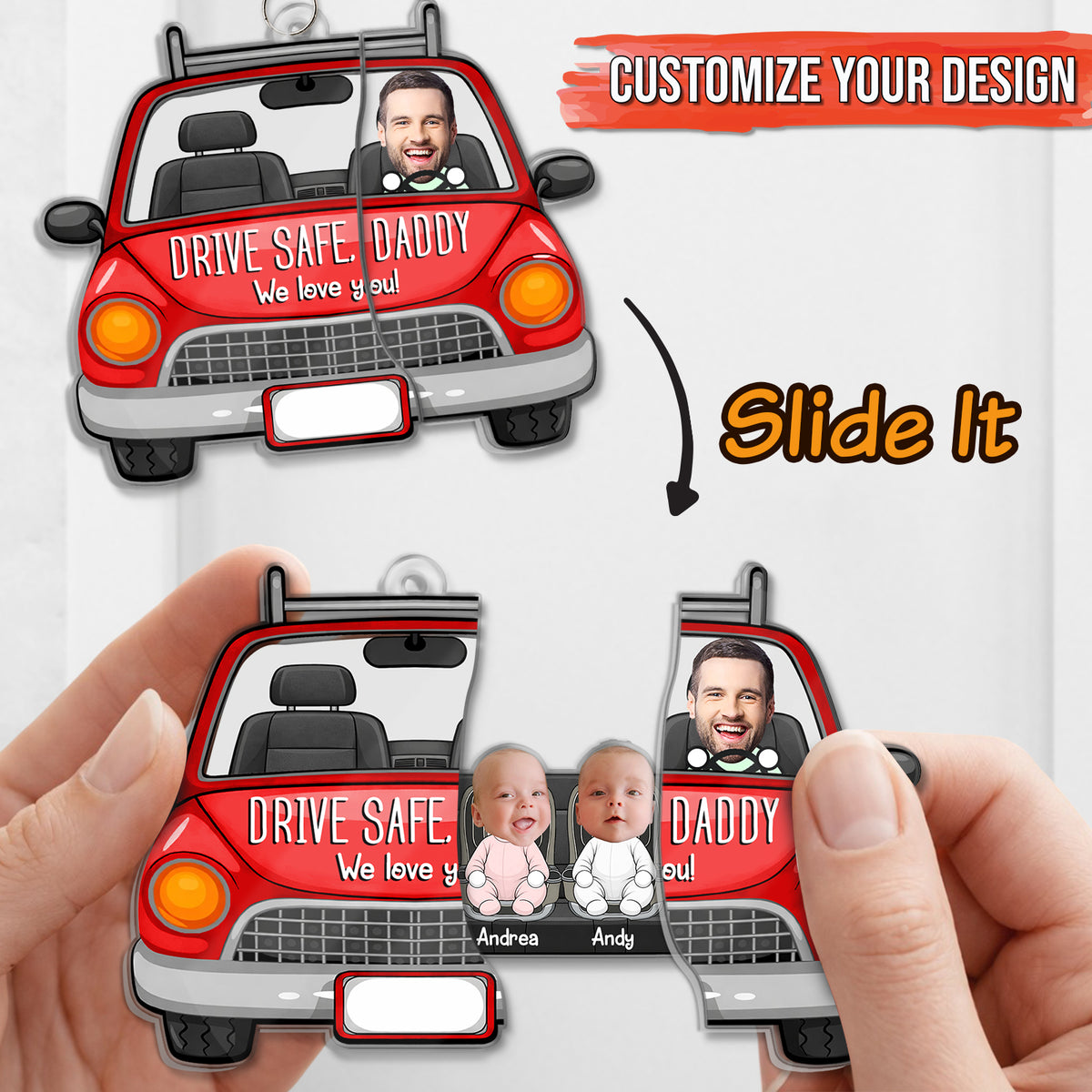 Personalized Hidden Slider Keychain for Dad – Drive Safe Daddy Custom Photo Gift