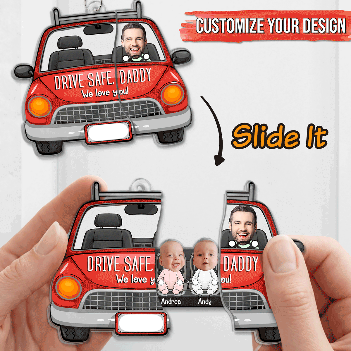 Personalized Hidden Slider Keychain for Dad – Drive Safe Daddy Custom Photo Gift