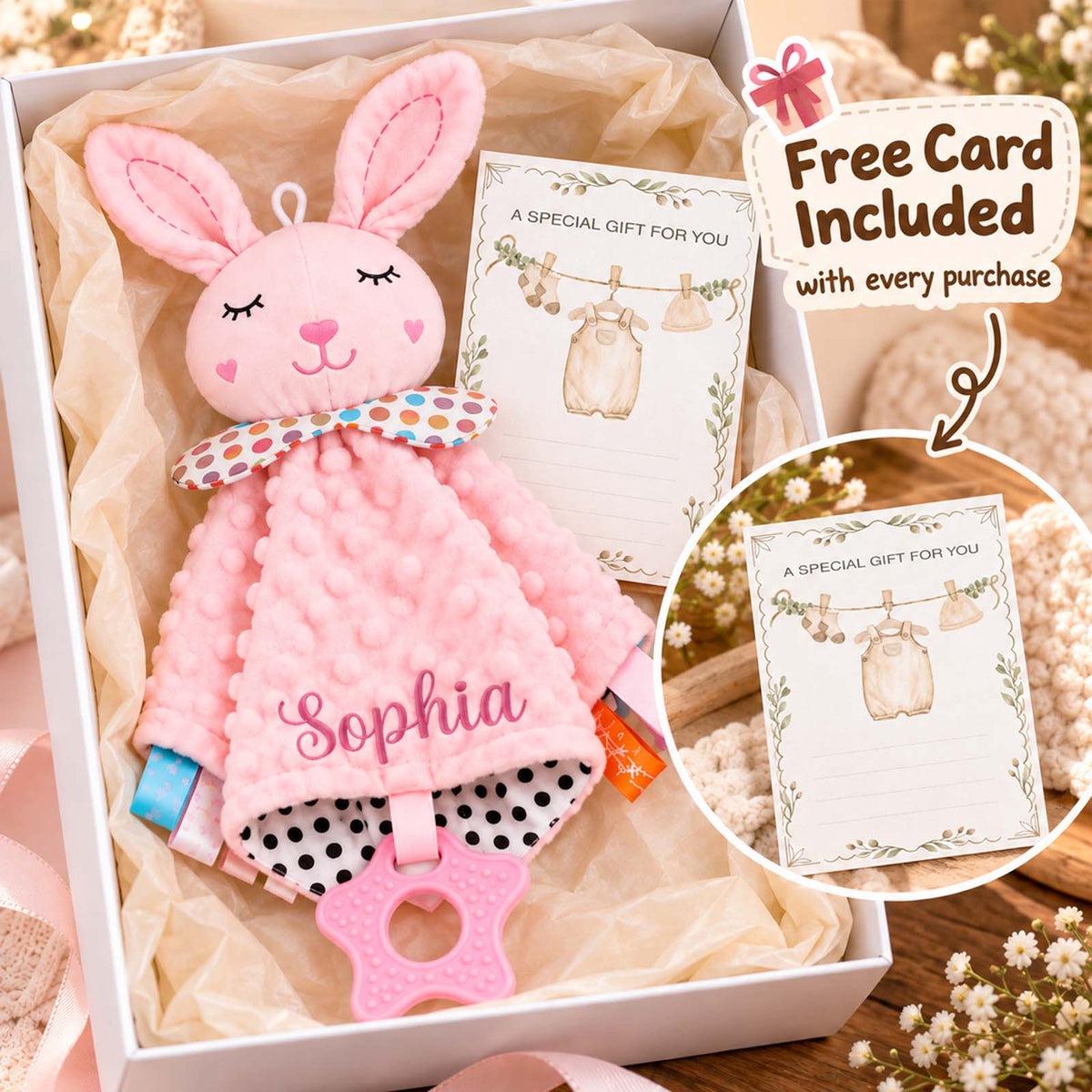 Personalized Minky Dot Lovey Blanket, Embroidered Name, Crinkle Sensory Security Toy