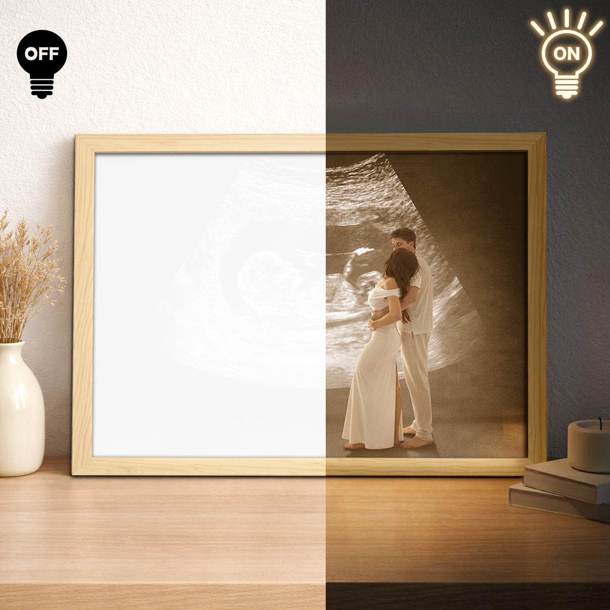 Personalized Wooden Light Up Photo Frame – Hidden Ultrasound Reveal Gift, LED Frame