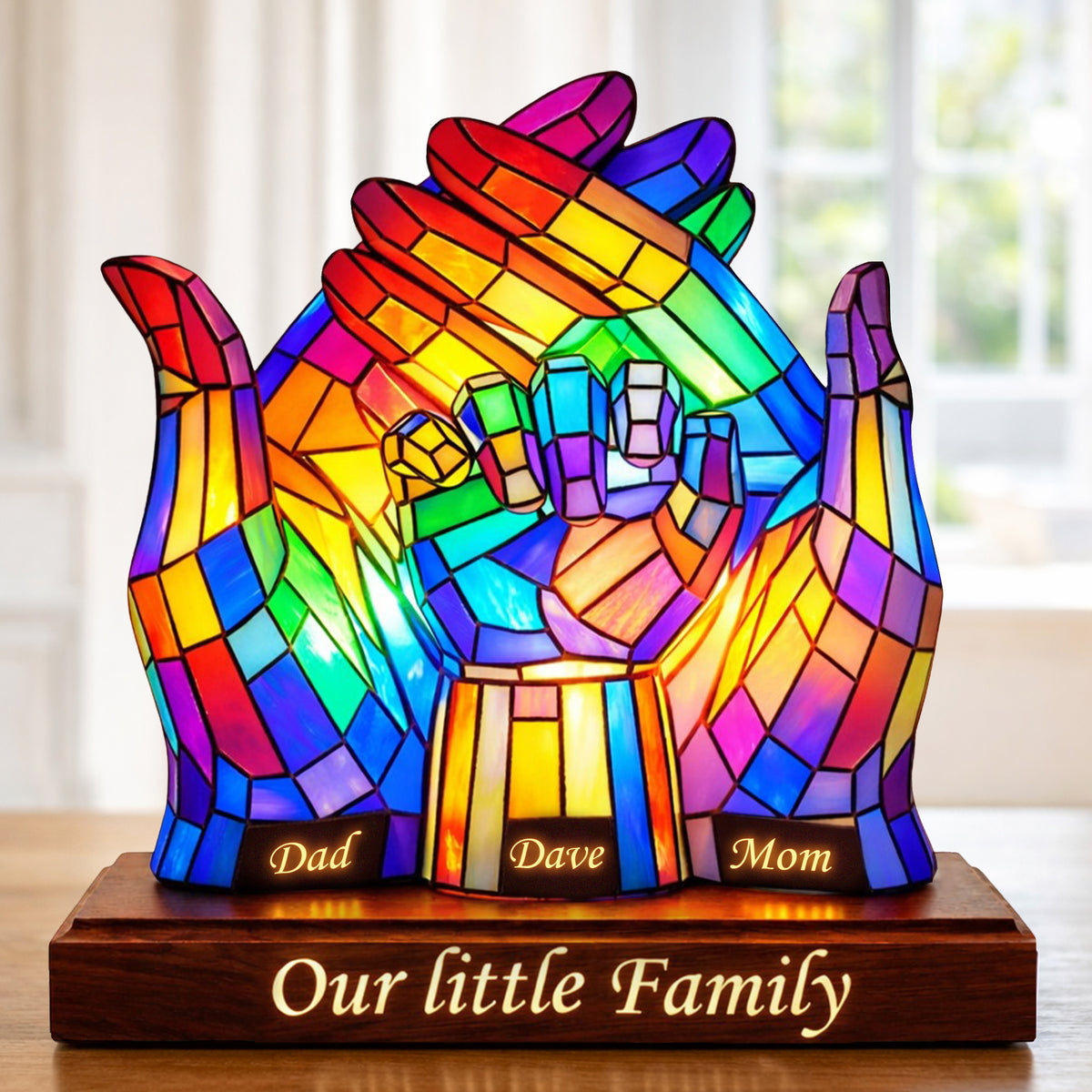 Our Little Family Acrylic Plaque – Personalized Rainbow Handshape Gift for Mom & Dad