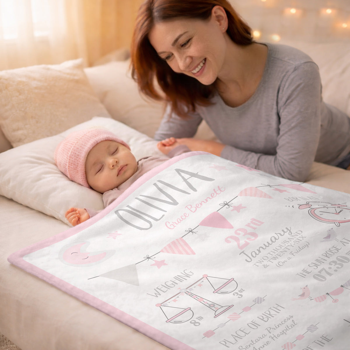 Personalized Birth Stats Fleece Blanket – Custom Baby Name & Newborn Details Gift