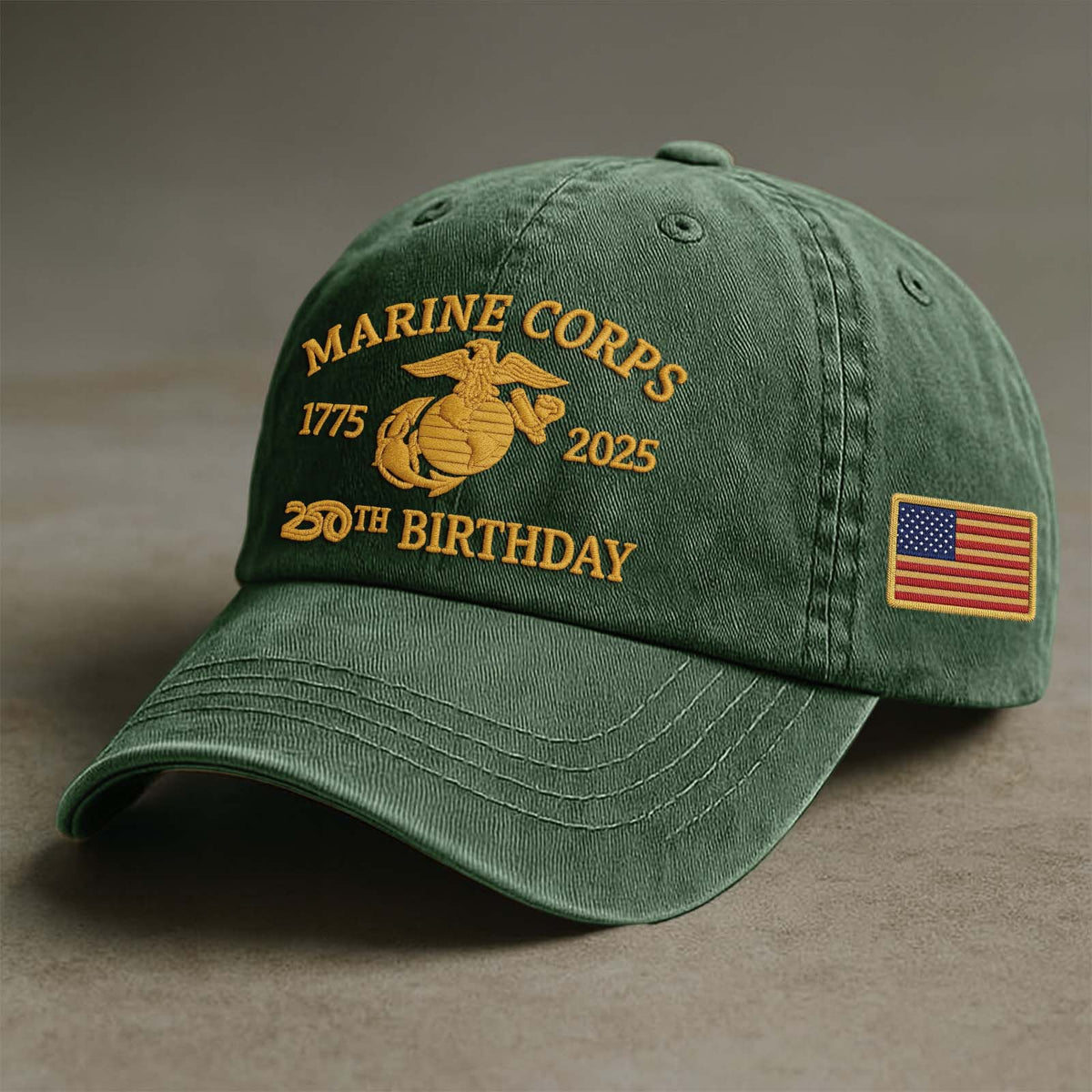 365Gifty Marine Corps 250th birthday cap in green with embroidered emblem and American flag patch