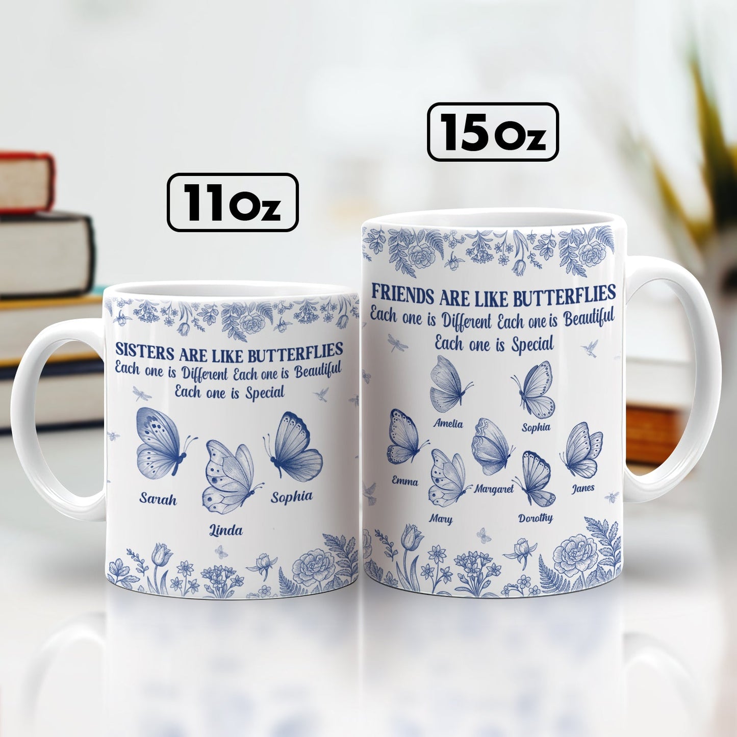 Two white blue floral butterfly mugs 11oz and 15oz with names on butterflies personalized gift for friends and sisters