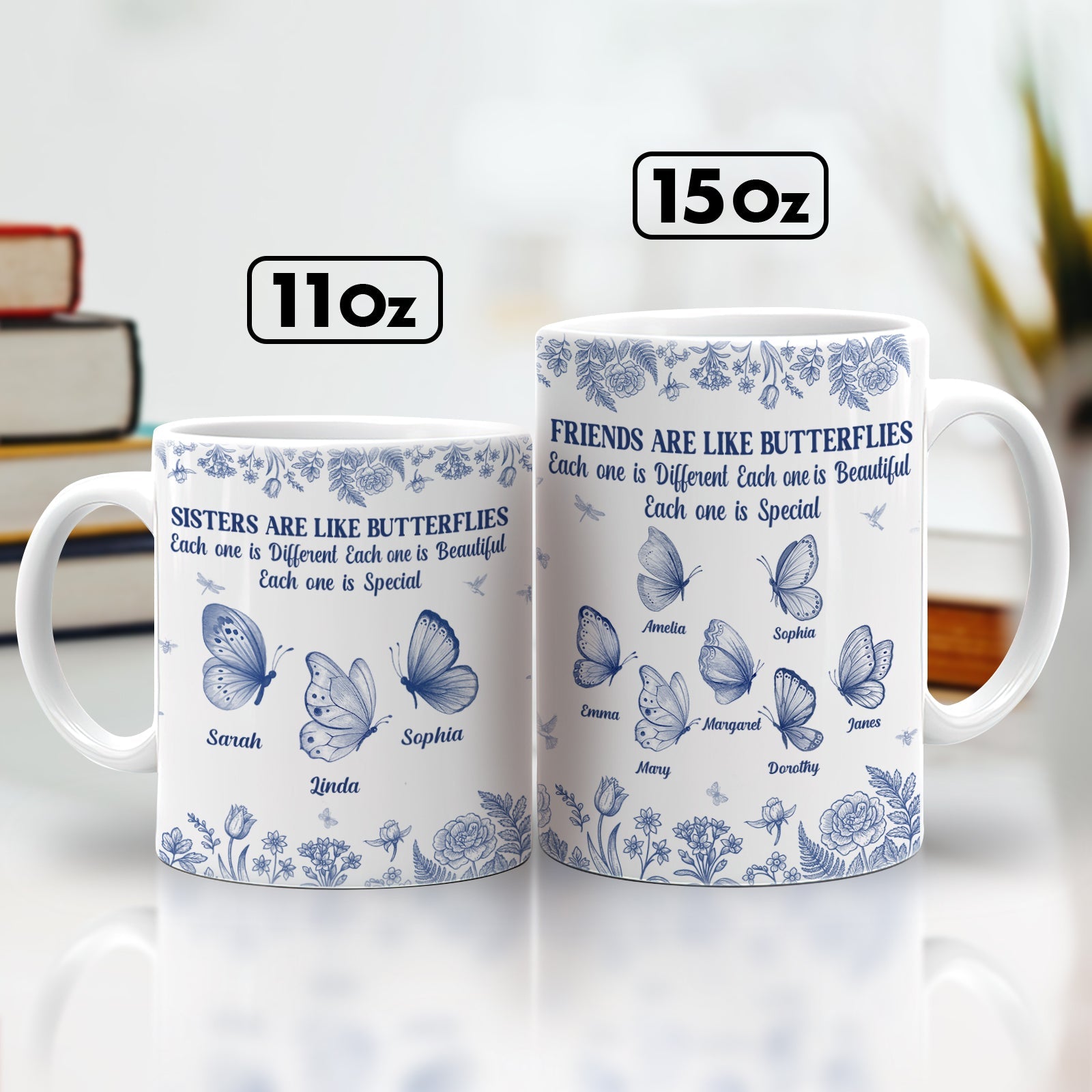 Two white blue floral butterfly mugs 11oz and 15oz with names on butterflies personalized gift for friends and sisters